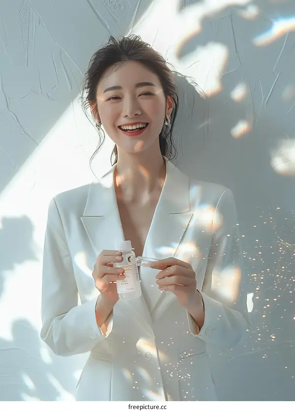 Asian woman in white suit holding a bottle of skin care product and smiling