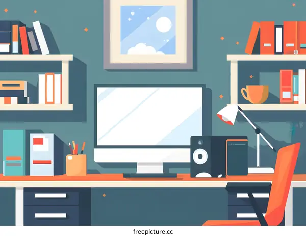 Modern Flat Illustration of a Home Office Workspace with a Computer, Desk, and Chair