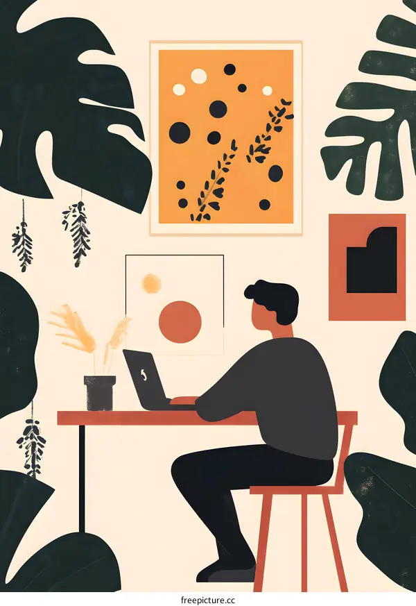 Man Working on Laptop in Home Office with Plants and Abstract Art