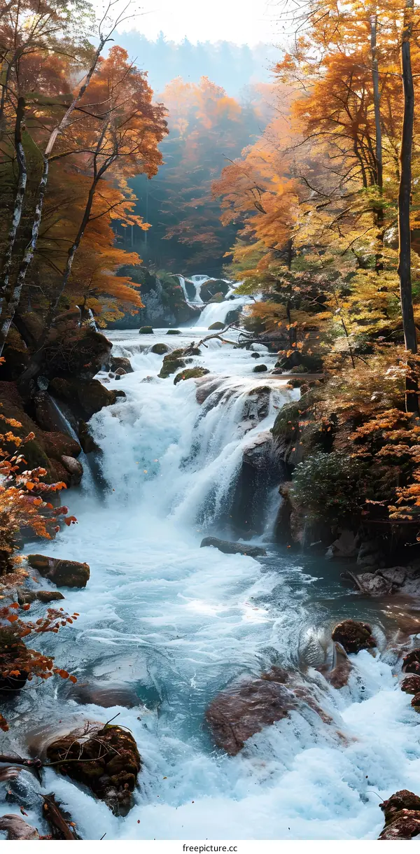 Autumn Foliage and a Waterfall in a Forest