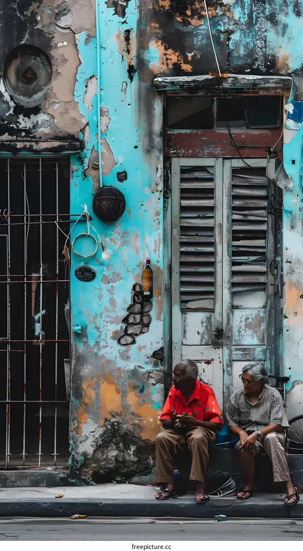 Two Elderly Men Sitting Outside A Building With Peeling Paint
