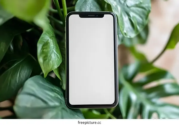 Smartphone With White Screen On Green Leaves Background