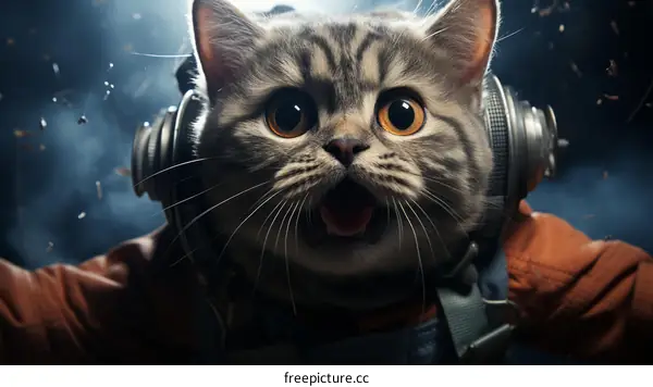 A cat wearing a space helmet is floating in space
