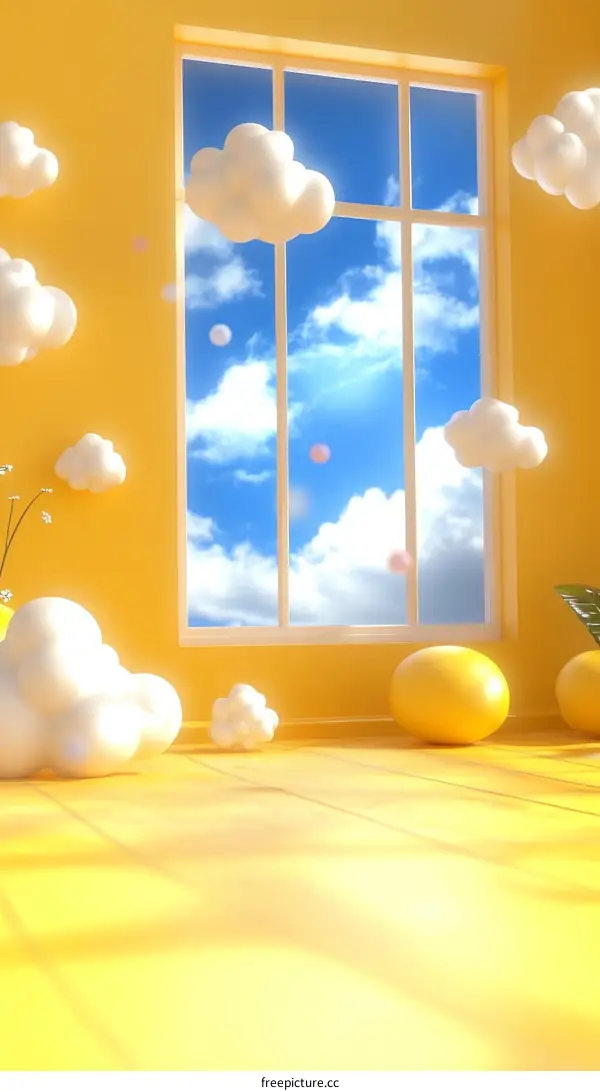 Sunny Room with Fluffy Clouds and Bright Window