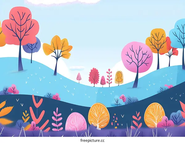 Colorful Illustration of a Forest with Blue Sky