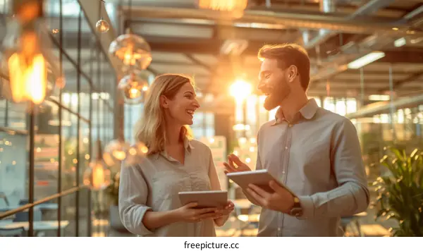 Two smiling business people having a conversation in the office
