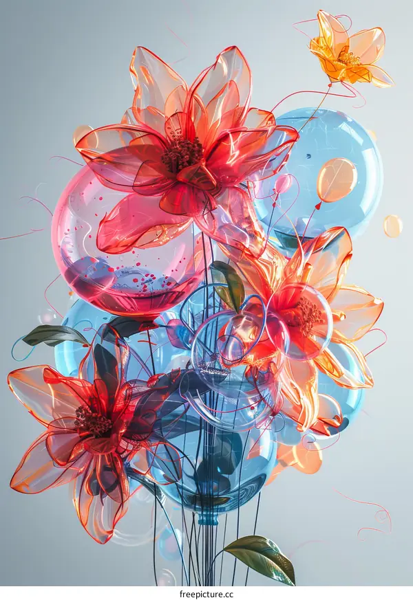 3D rendering of مجموعةزهور شفافة بألوان زاهية