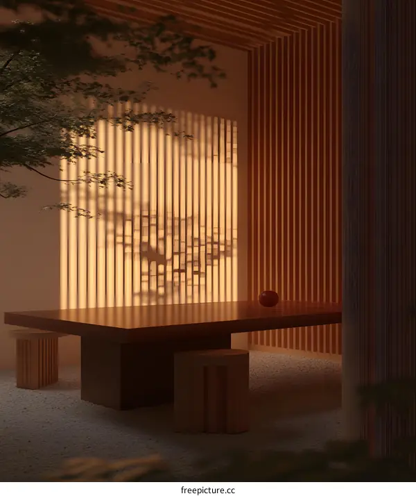 Minimalist Japanese Style Interior Design with Wooden Table and Stools