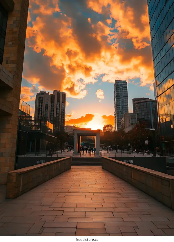 Sunset View in the City with Buildings and People
