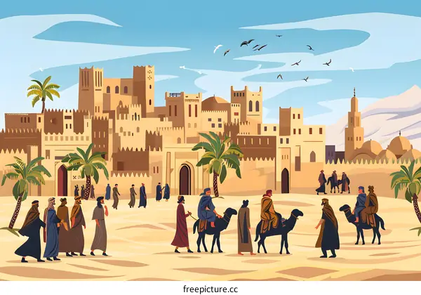 Arabian Desert City With People Riding Camels