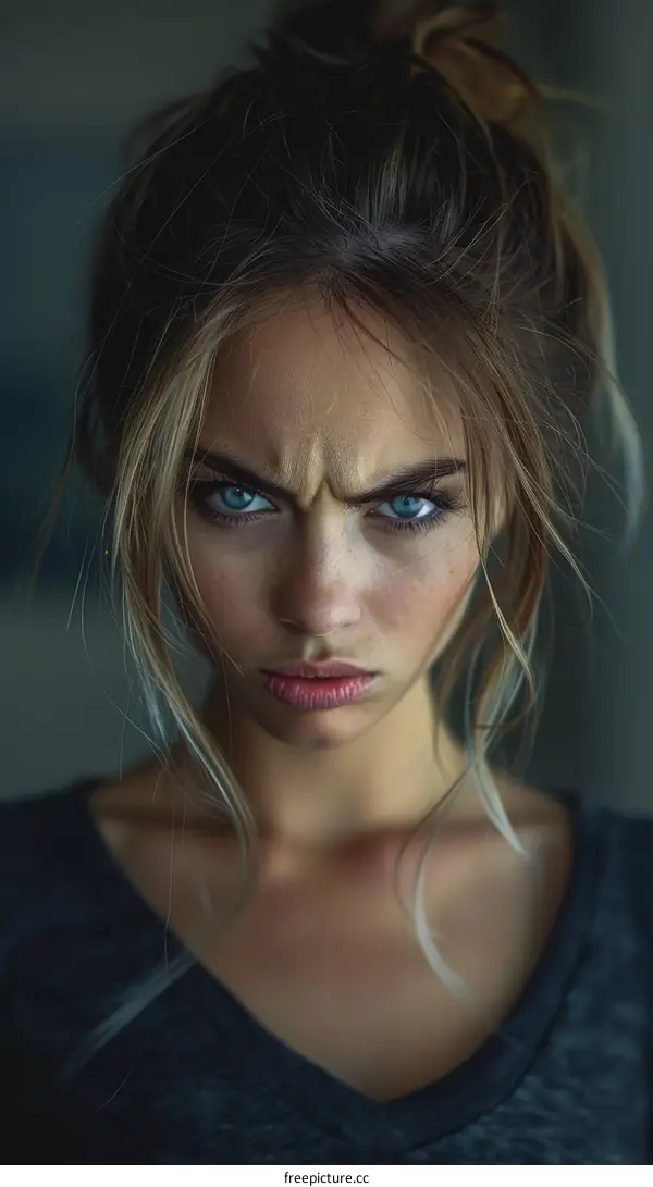 Close Up Portrait of a Caucasian Woman with an Intense Expression