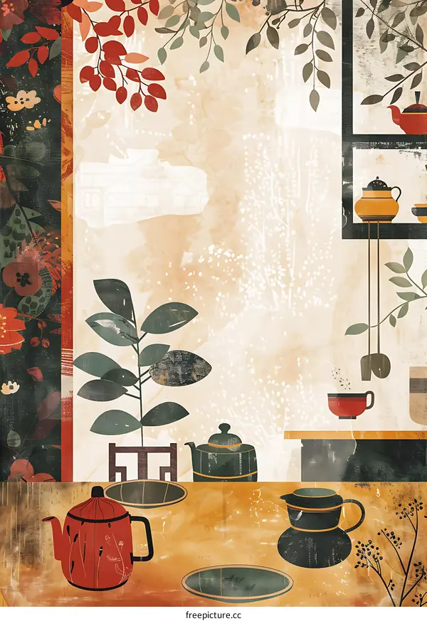 Vintage Tea Time Illustration with Red and Green Teapots