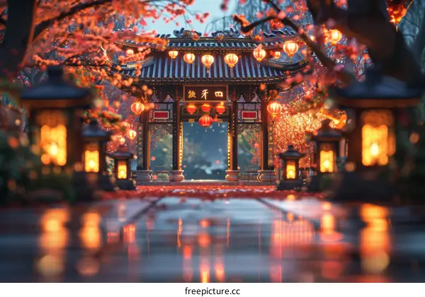 Chinese Courtyard with Red Lanterns and Pink Blossom Trees at Night