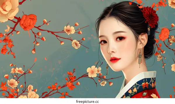 A beautiful illustration of a young woman in a traditional Korean dress, with flowers in her hair and a serene expression on her face.
