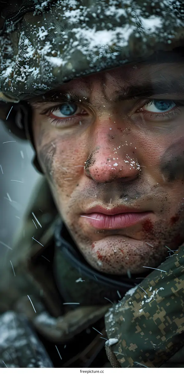 Portrait of a soldier in the snow