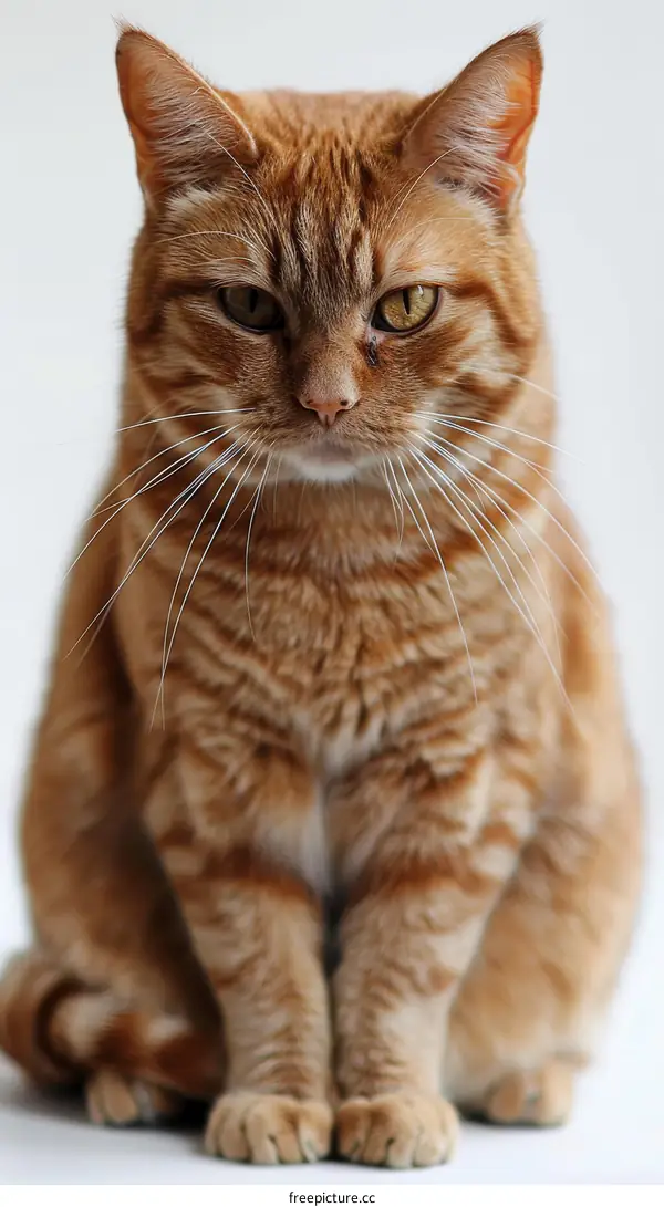 A ginger cat is sitting on a white table