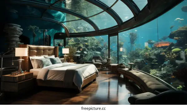 Underwater hotel room with a large glass window looking into the ocean