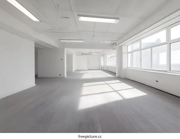 Empty White Room with Large Windows and Sunbeams