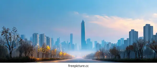 Cityscape at Dawn with Foggy Road