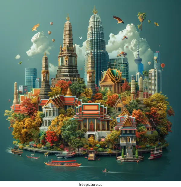 An illustration of a city with a river, boats, and autumn trees