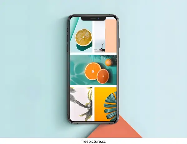 Smartphone Display With Summer Collage of Lemon, Orange, Palm Leaf and Sea