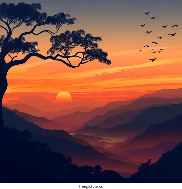 Silhouette of a Tree and Mountains at Sunset
