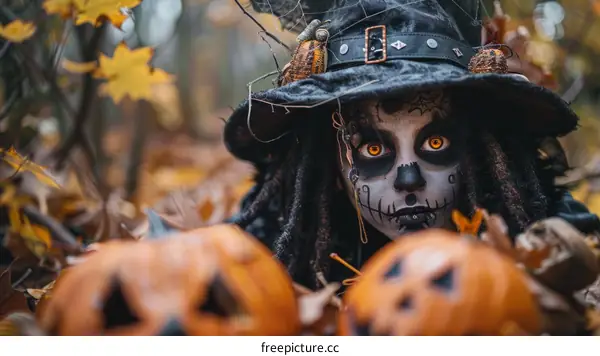 Witch in the woods with pumpkins