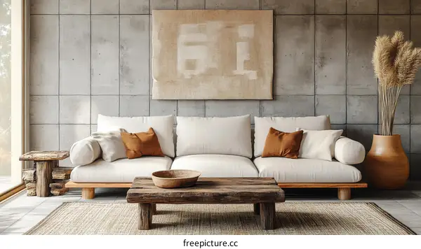 Modern Minimalist Living Room with Beige Sofa and Wooden Furniture