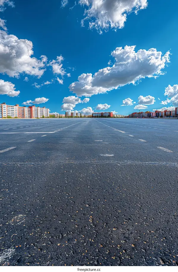 Empty Parking Lot on a Sunny Day with Blue Sky and Clouds