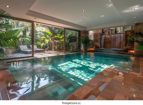 Indoor swimming pool with waterfall and tropical plants