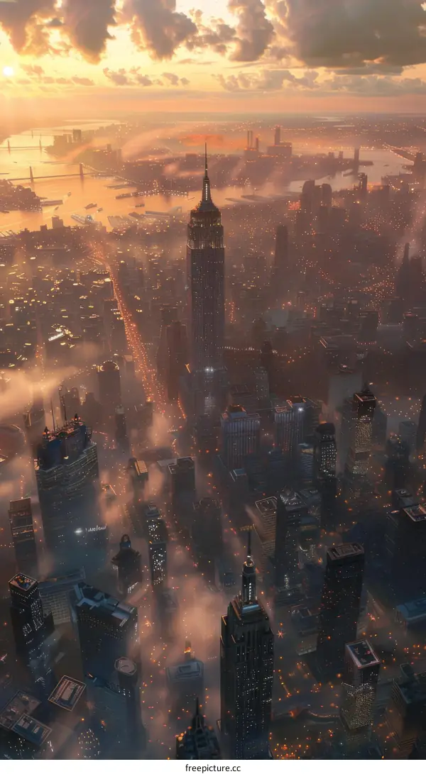 Aerial View of a City at Sunrise