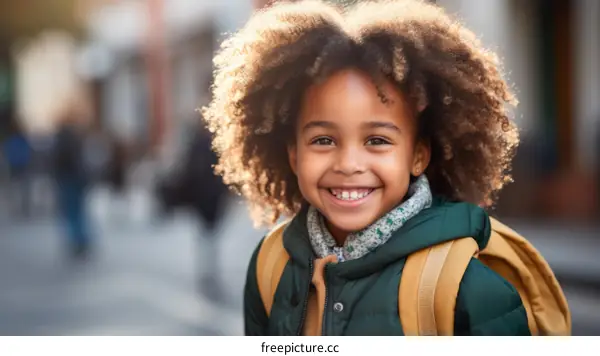 Portrait of a happy smiling young school girl with curly hair wearing a green jacket and yellow backpack