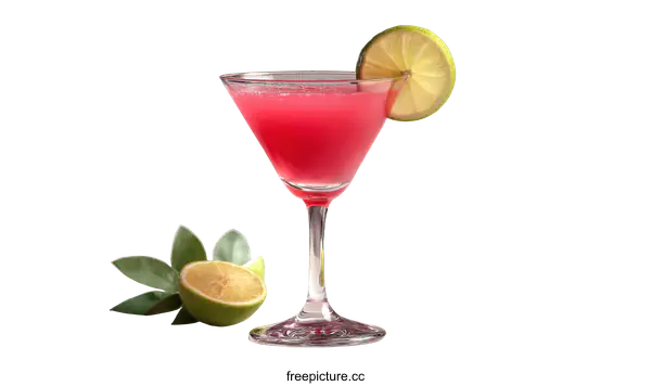 [Transparent Background PNG]Pink cocktail with lime garnish
