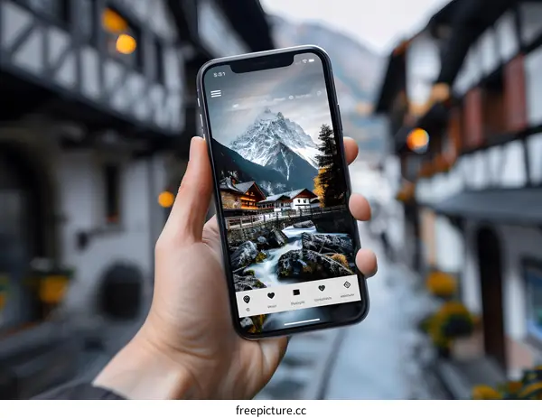 Hand Holding Smartphone with Mountain Landscape Picture