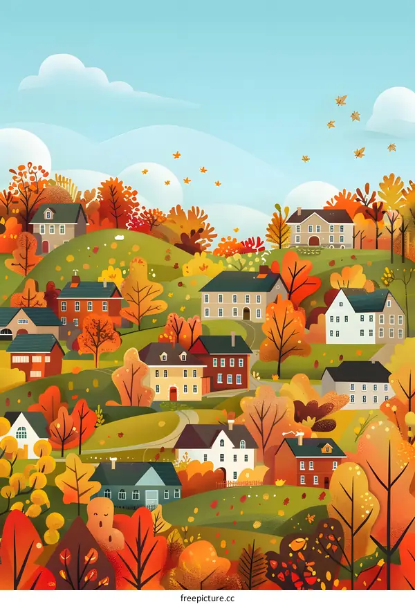 Autumn Village Landscape With Colorful Trees And Houses