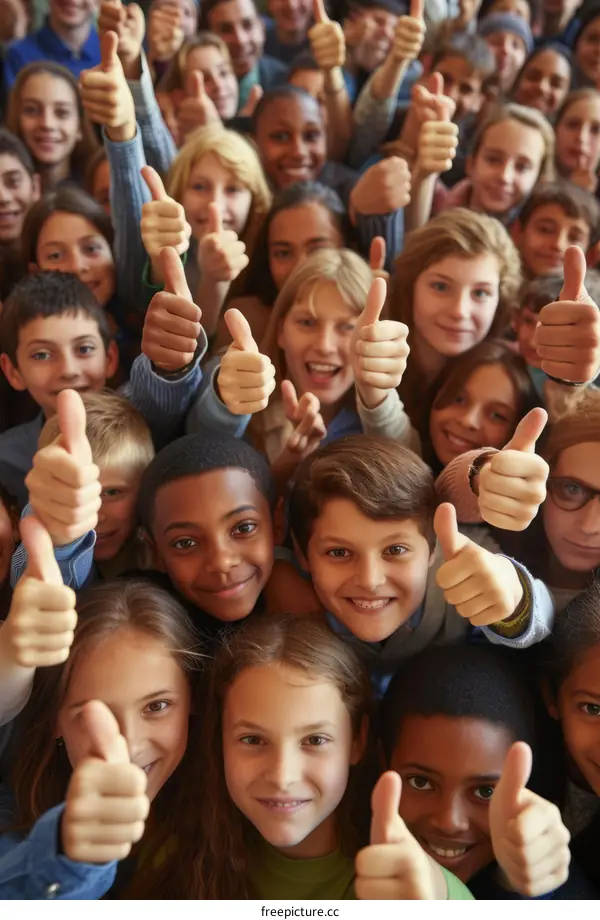 Group of diverse children giving thumbs up