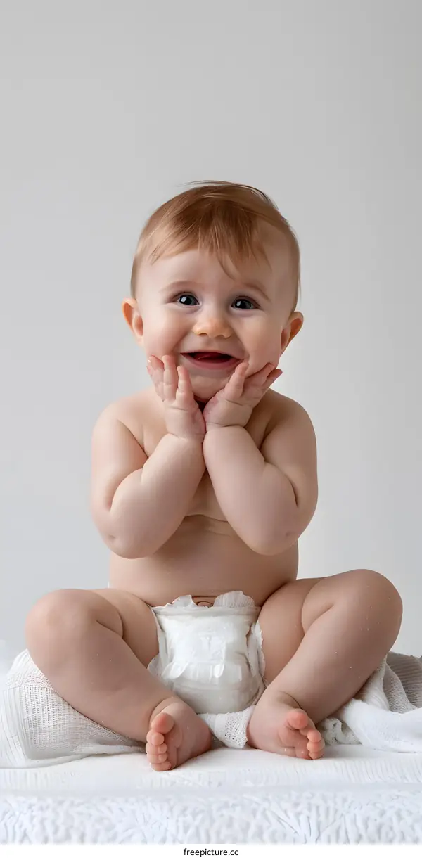 Happy Baby Sitting On White Blanket