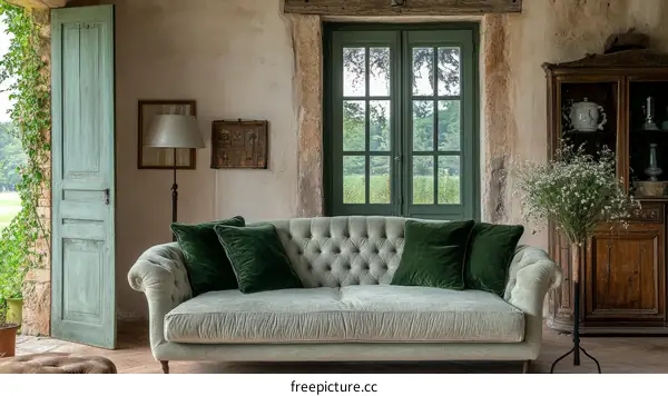 Rustic Living Room with Vintage Sofa and Green Accents