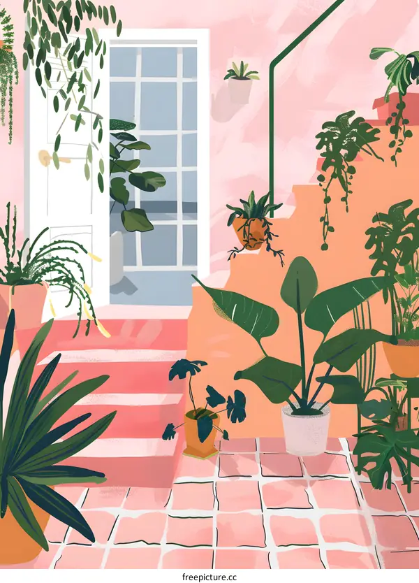 Pink Stairs With Plants and Door