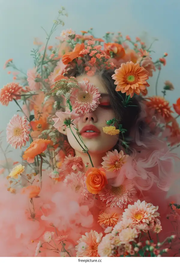 A Woman's Face Covered in Flowers and Soft Pink Smoke