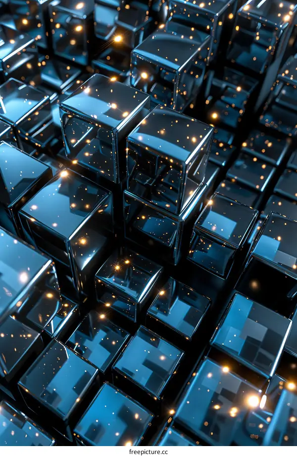 Abstract Blue Cube Background with Glowing Yellow Dots