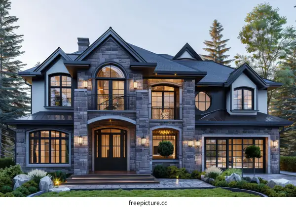 A Two-Story Home with Gray Stone Exterior and Black Roof