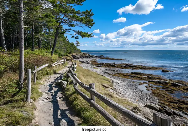 Coastal Trail with Wooden Fence Leading to the Ocean