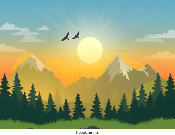 Sunrise Over Majestic Mountains with Birds Flying