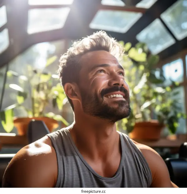 Portrait of a smiling man with beard in a sunny room
