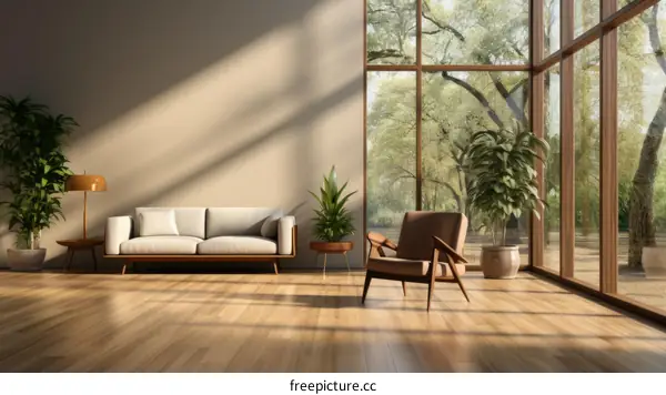 Modern living room interior with large windows and wooden floor