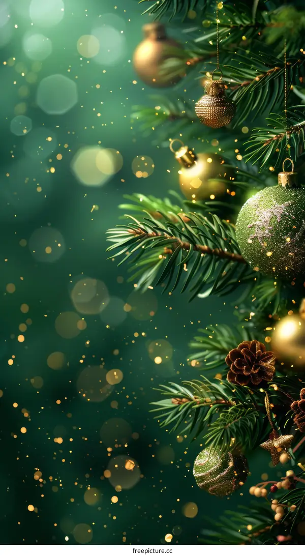 Christmas Tree Decorated with Golden and Green Ornaments