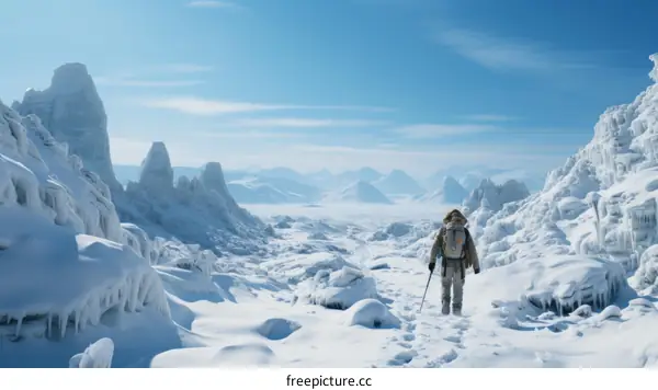 A lone explorer traverses a frozen wasteland on foot