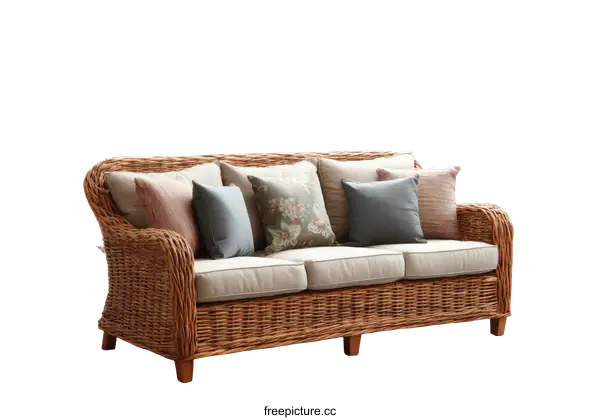 [Transparent Background PNG]Wicker Outdoor Sofa with Cushions and Plants