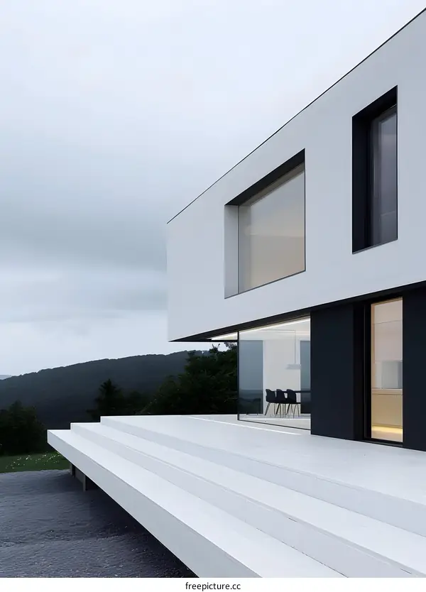 Modern Minimalist Home Design with Large Windows and White Walls